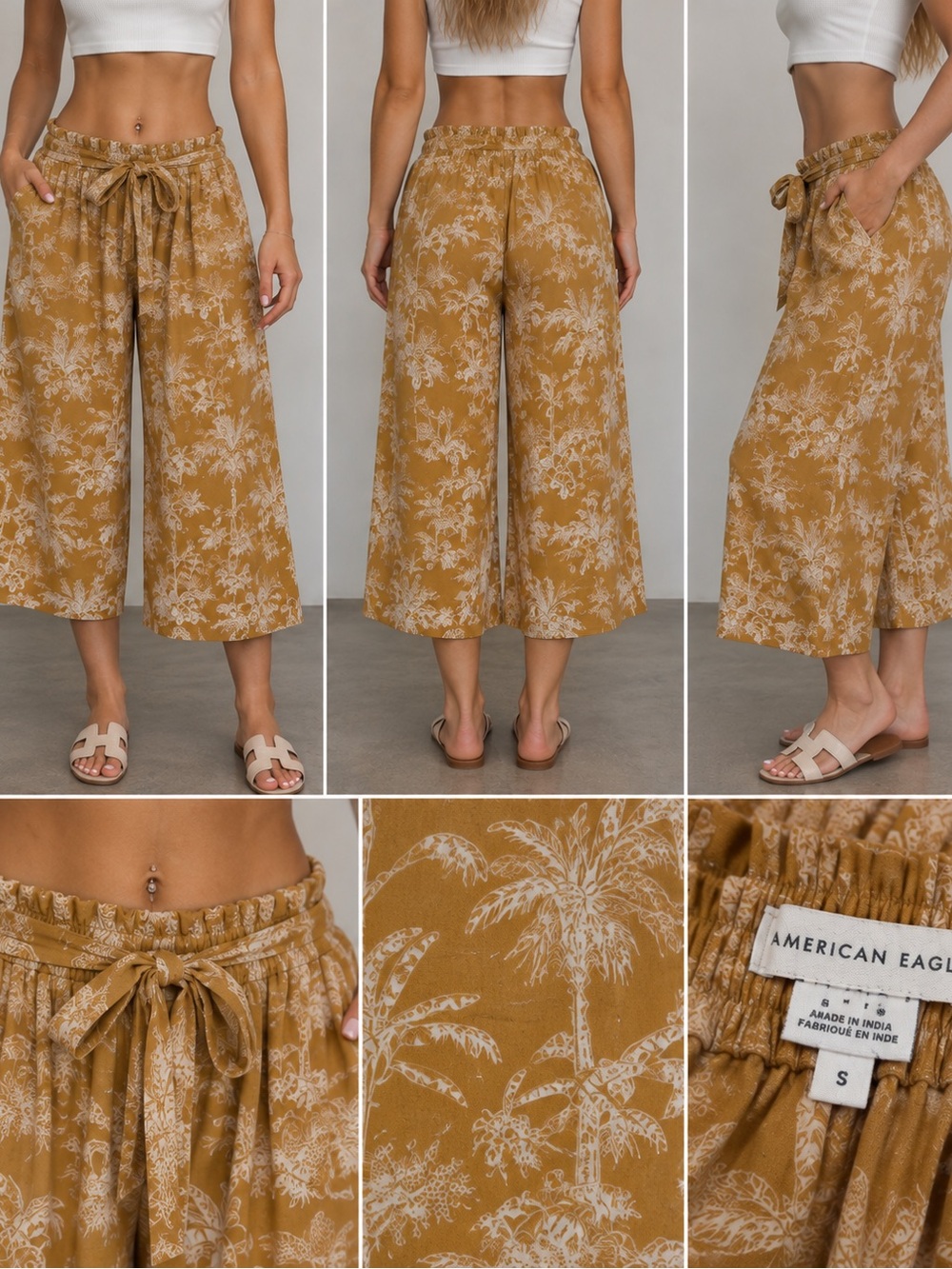 American Eagle Outfitters Mustard Palm-Print Wide-Leg Crop Pants